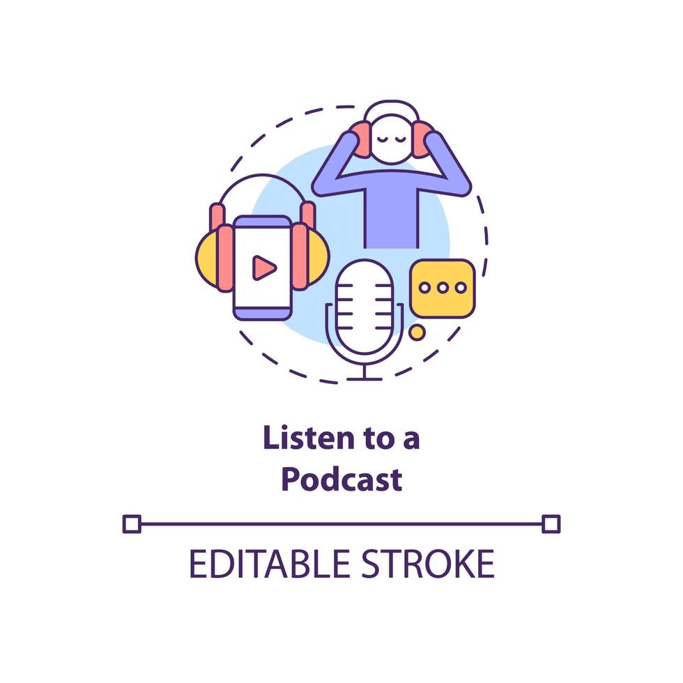 ascolta l'icona del concetto di podcast. godendo l'audioshow nell'illustrazione della linea sottile dell'idea astratta del mattino. disegno di contorno isolato. tratto modificabile. roboto-medium, una miriade di caratteri pro-grassetto utilizzati vettore