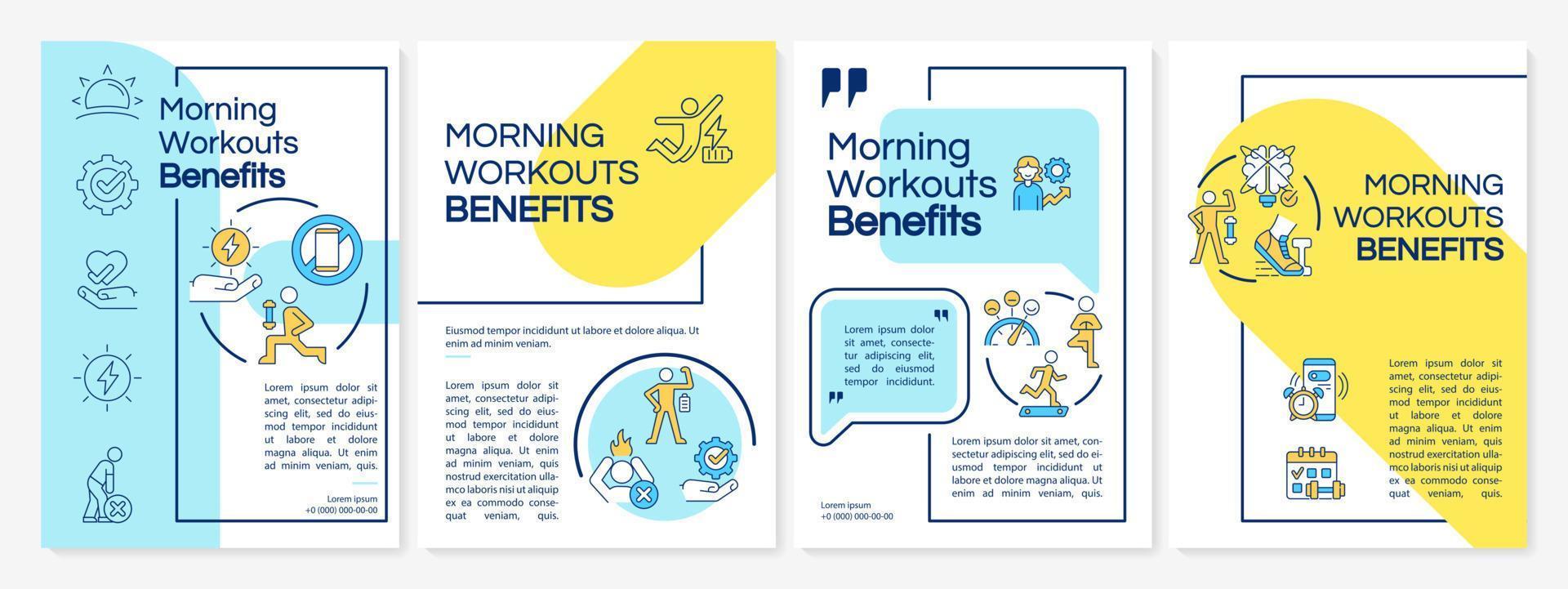 modello di brochure blu e giallo con benefici per l'allenamento mattutino. design per la stampa di opuscoli con icone lineari. layout vettoriali per presentazioni, relazioni annuali, annunci. font questrial-regular, lato-regular utilizzati