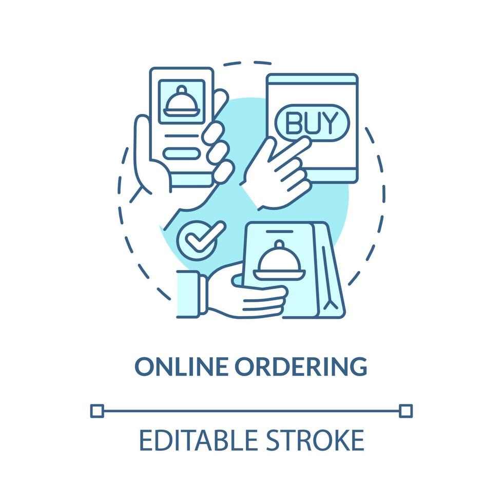 icona del concetto turchese per l'ordinazione online. soluzione senza fili. illustrazione della linea sottile dell'idea astratta del sistema touchless. disegno di contorno isolato. tratto modificabile. roboto-medium, una miriade di caratteri pro-grassetto utilizzati vettore