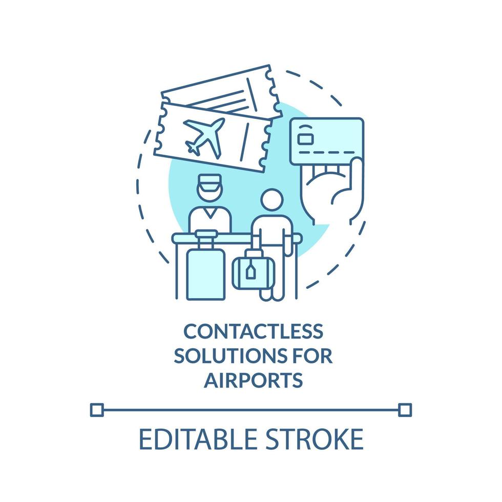 soluzioni contactless negli aeroporti icona del concetto turchese. illustrazione della linea sottile dell'idea astratta del sistema touchless. disegno di contorno isolato. tratto modificabile. roboto-medium, una miriade di caratteri pro-grassetto utilizzati vettore