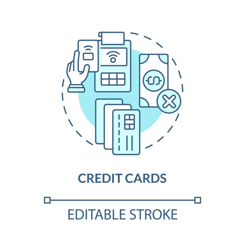 icona del concetto turchese delle carte di credito. portafogli elettronici e pagamento online. illustrazione della linea sottile dell'idea astratta del sistema. disegno di contorno isolato. tratto modificabile. roboto-medium, una miriade di caratteri pro-grassetto utilizzati vettore