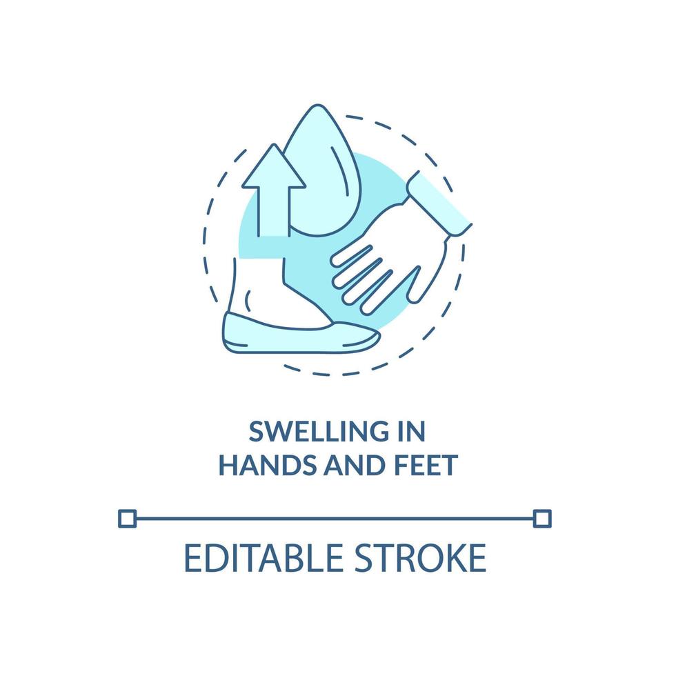 gonfiore alle mani e ai piedi icona del concetto turchese. braccia e gambe edema idea astratta linea sottile illustrazione. disegno di contorno isolato. tratto modificabile. roboto-medium, una miriade di caratteri pro-grassetto utilizzati vettore