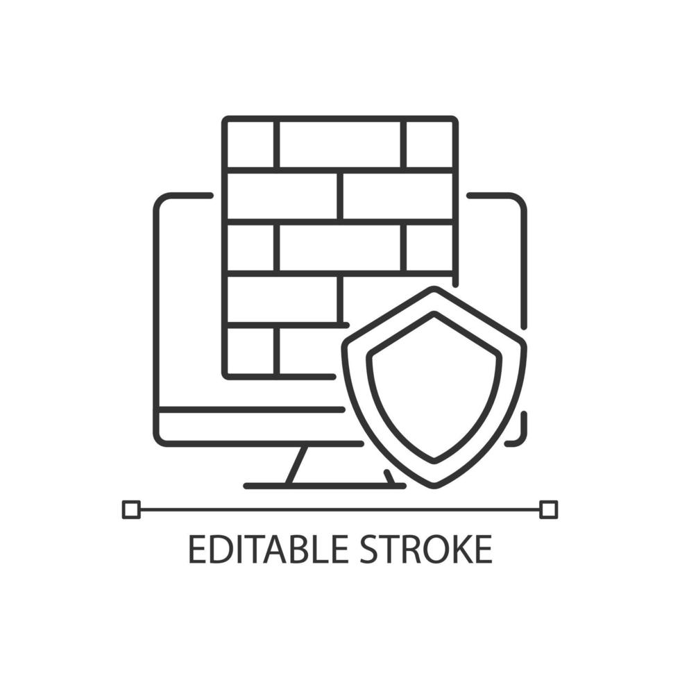 icona lineare del firewall. software e hardware di protezione. dispositivo di sicurezza informatica. illustrazione personalizzabile a linea sottile. simbolo di contorno. disegno di contorno isolato vettoriale. tratto modificabile. carattere arial utilizzato vettore