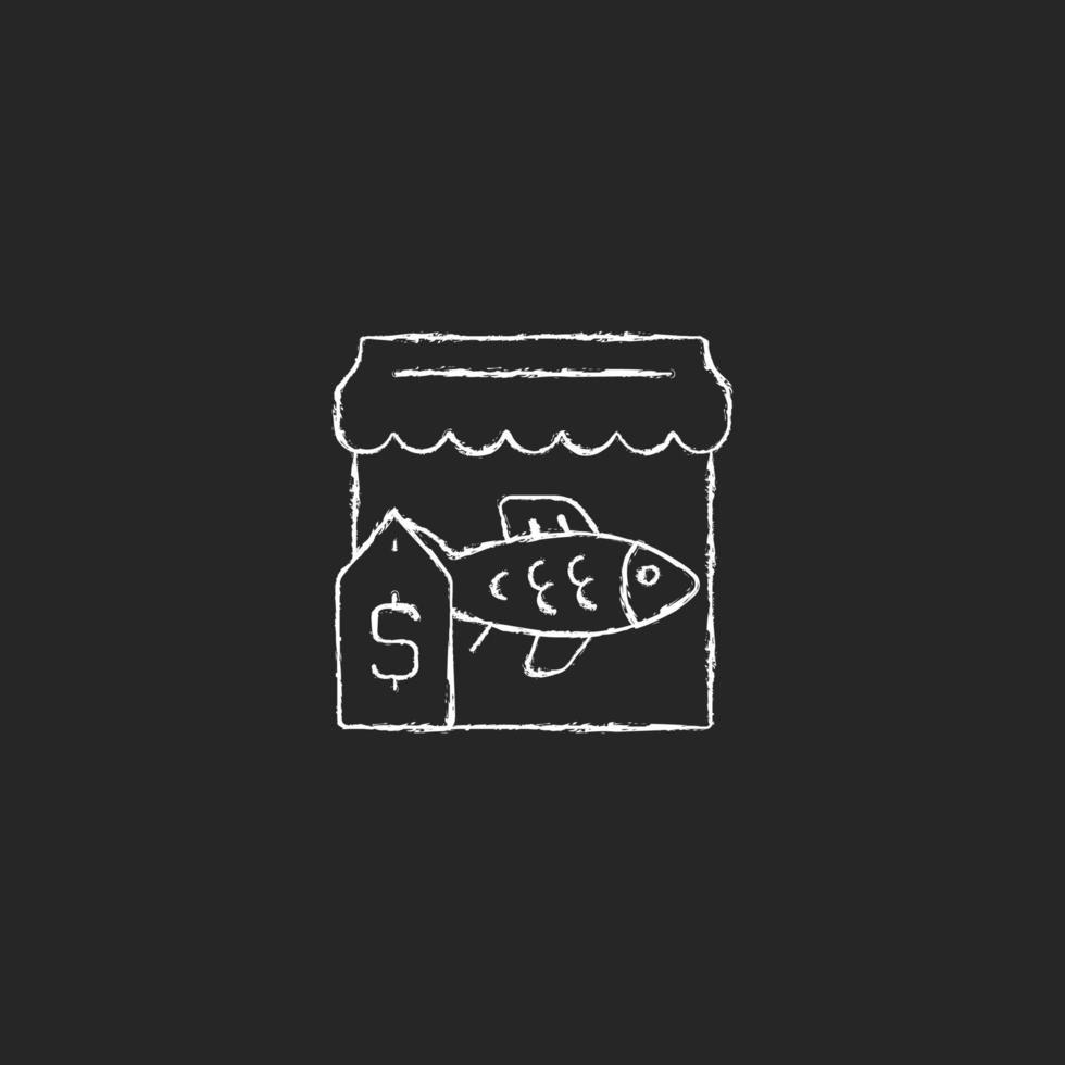icona bianca del gesso del mercato del pesce su sfondo scuro. commercio e fornitura di prodotti ittici freschi e congelati. mercato del pesce bancarella di pescivendoli. pesca commerciale. illustrazione di lavagna vettoriale isolata su nero