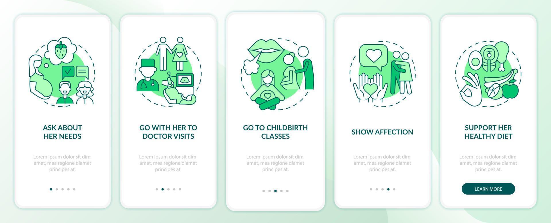 supporto per la gravidanza onboarding schermata della pagina dell'app mobile. vai a visite mediche procedura dettagliata 5 passaggi istruzioni grafiche con concetti. modello vettoriale ui, ux, gui con illustrazioni a colori lineari