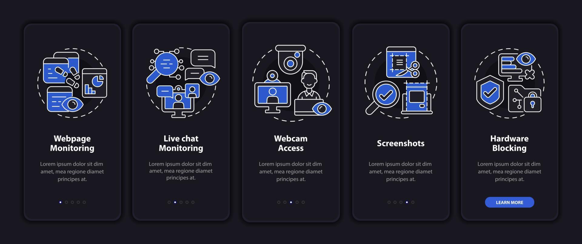 il software di monitoraggio dei dipendenti presenta una schermata della pagina dell'app mobile di onboarding scura. guida al lavoro Istruzioni grafiche in 5 fasi con concetti. modello vettoriale ui, ux, gui con illustrazioni in modalità notturna