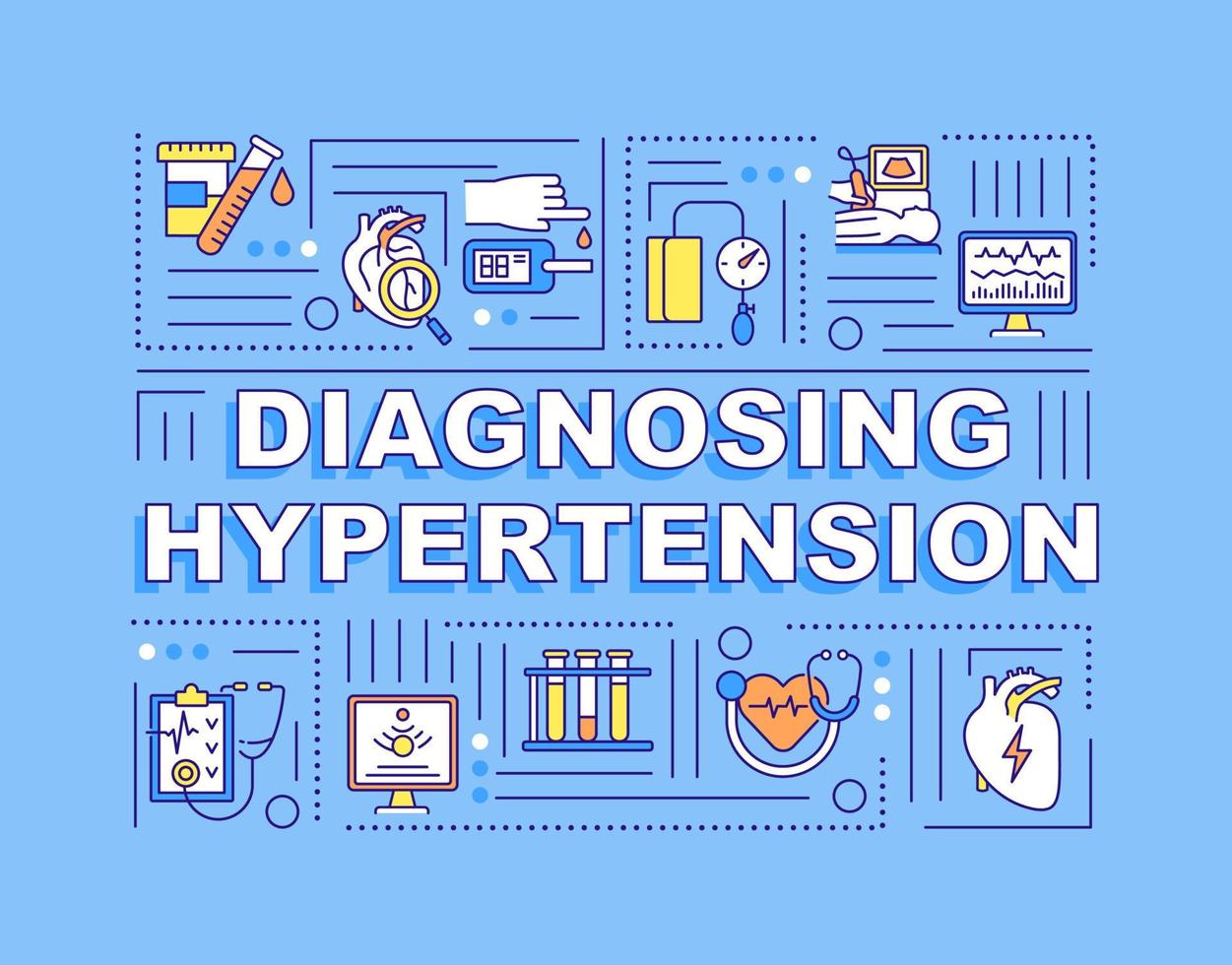 banner di concetti di parola di diagnosi di ipertensione. monitoraggio della pressione sanguigna. infografica con icone lineari su sfondo blu. tipografia creativa isolata. illustrazione a colori di contorno vettoriale con testo