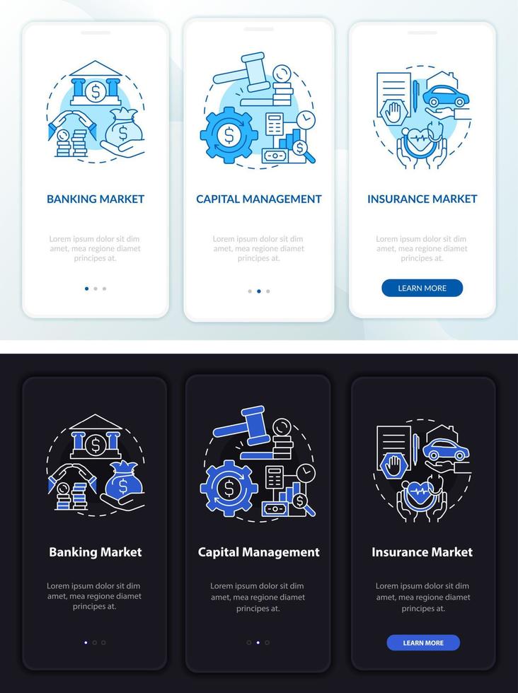 schermata della pagina dell'app mobile per l'onboarding del diritto finanziario. procedura dettagliata di gestione patrimoniale 3 passaggi istruzioni grafiche con concetti. modello vettoriale ui, ux, gui con illustrazioni in modalità notte e giorno lineari