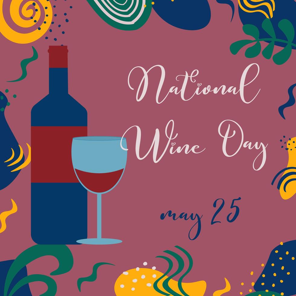 Giornata nazionale del vino 25 maggio. illustrazione vettoriale con elementi astratti, bicchiere di vino e bottiglia.