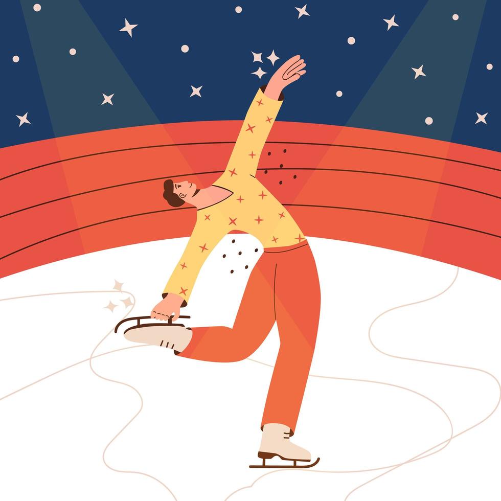 uomo pattinatore isolato cartone animato piatto vettore illustrazione in colori alla moda. sport invernali, ballerina di ghiaccio, donna ginnasta, campionato, elemento di design moderno per attività di competizione
