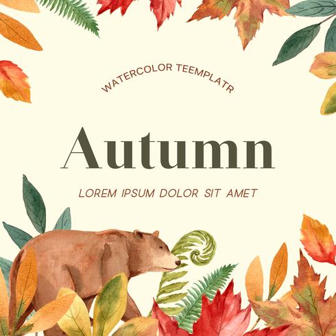 Cornice stagione autunnale con foglie e animali. Cartoline d&#39;auguri di autunno perfette per la stampa, invito, modello, progettazione creativa dell&#39;illustrazione di vettore dell&#39;acquerello