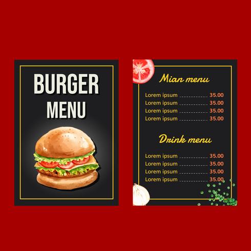 Disegno del menu del ristorante fast food. Pagina l&#39;alimento dell&#39;antipasto della lista del menu del fondo del confine, progettazione del modello, progettazione creativa dell&#39;illustrazione di vettore dell&#39;acquerello