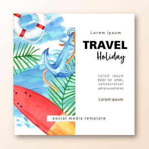 Media sociali Viaggiano in vacanza estiva la spiaggia Palma vacanza, mare e cielo luce solare, disegno creativo illustrazione vettoriale ad acquerello
