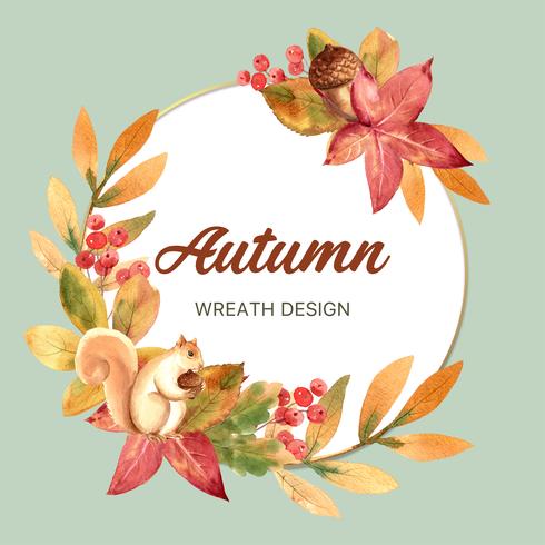 Cornice ghirlanda stagione autunnale con foglie e animali. Cartoline d&#39;auguri di autunno perfette per la stampa, invito, modello, progettazione creativa dell&#39;illustrazione di vettore dell&#39;acquerello