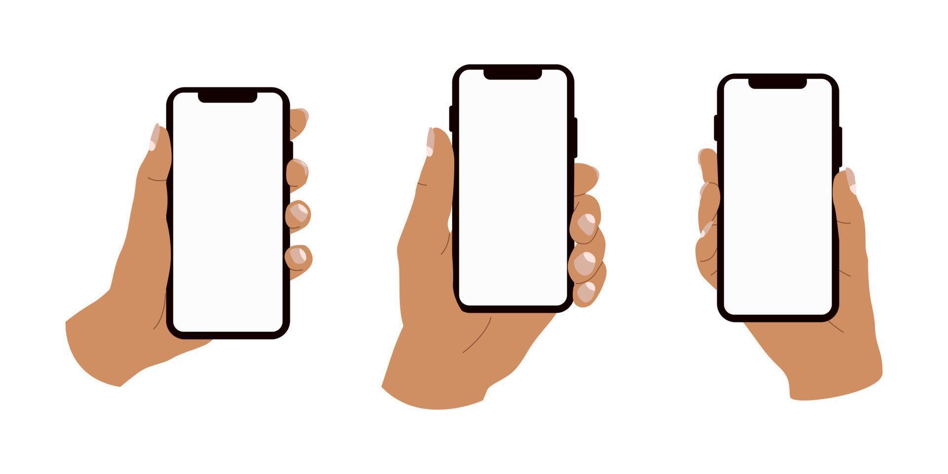 varietà di mani che tengono smartphone con schermo vuoto. moderna illustrazione vettoriale di mani che tengono telefoni cellulari con uno schermo normale. web, infografica di progettazione di app. elementi isolati piatti disegnati a mano.