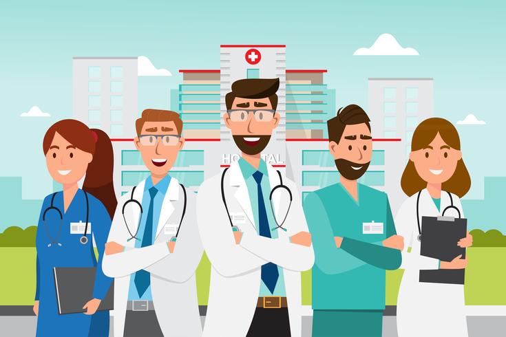 Set di personaggi dei cartoni animati medico. Concetto del gruppo del personale medico davanti all&#39;ospedale vettore