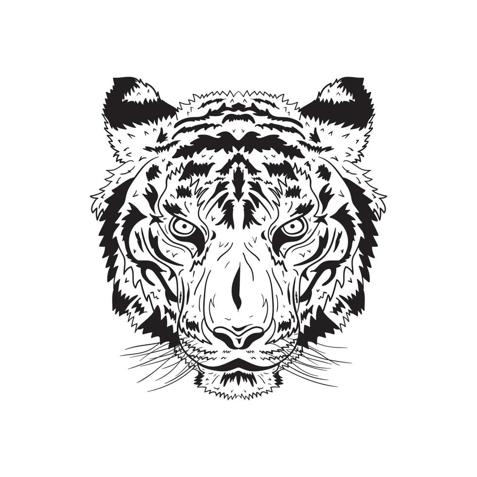 illustrazione grafica vettoriale della testa di tigre in stile dettagliato. illustrazione vettoriale incisa per logo, etichetta, tatuaggio, t-shirt e libro da colorare