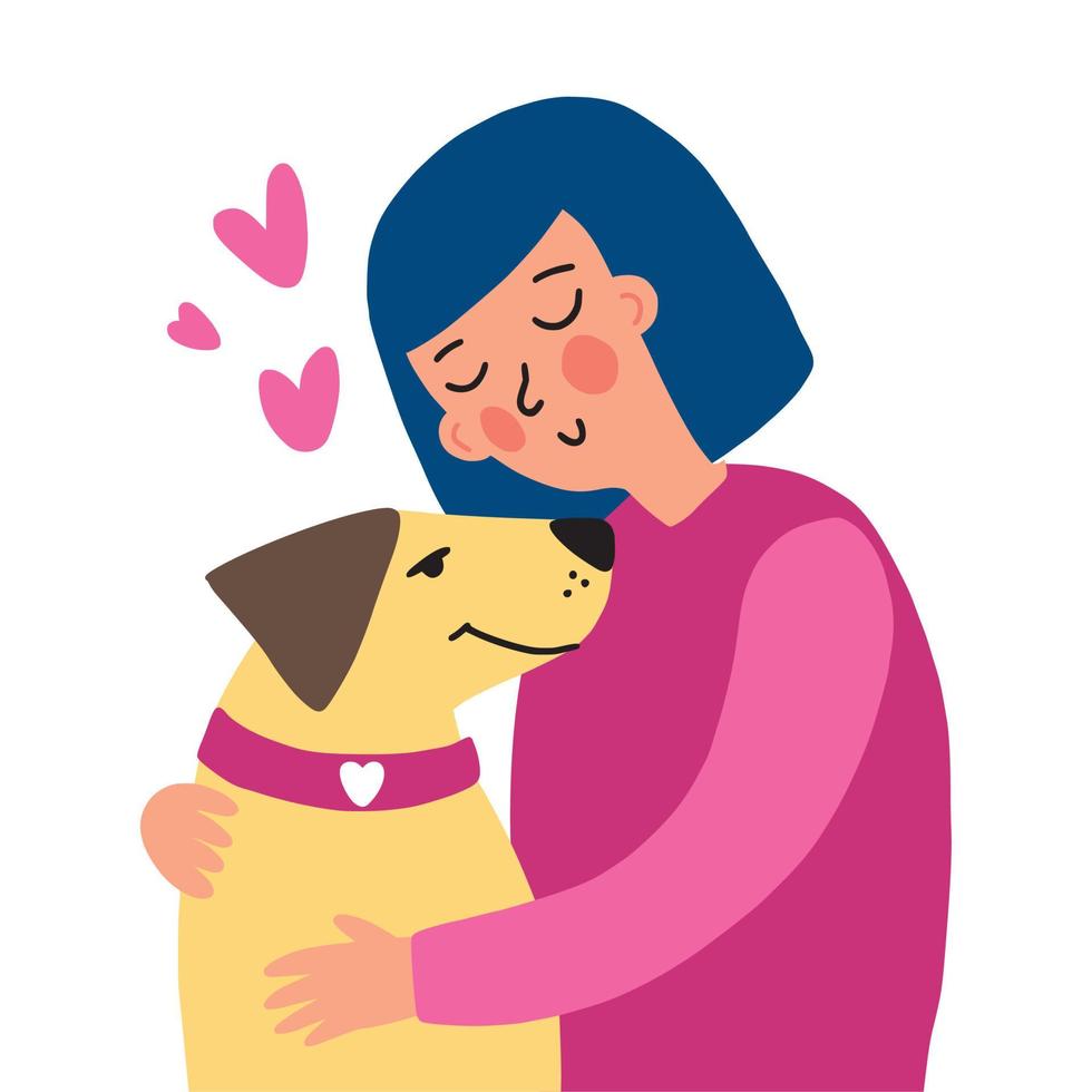 la ragazza abbraccia il suo cane con amore vettore