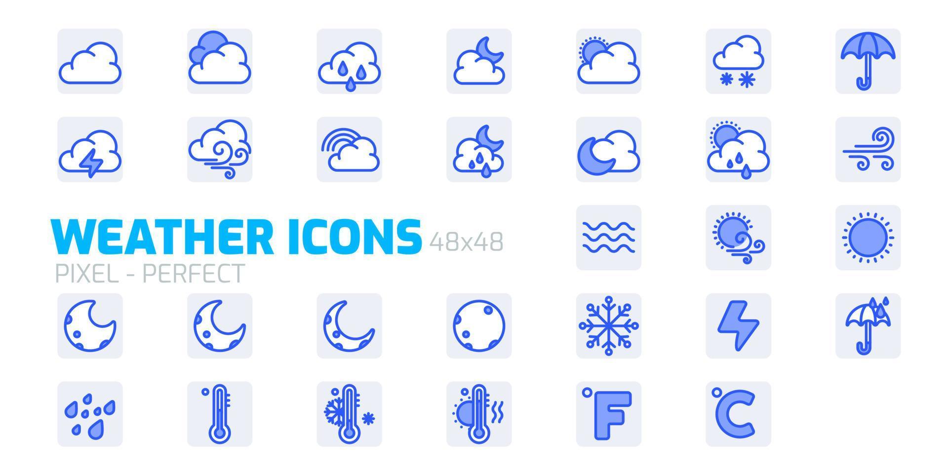 set di icone meteo per app Web e mobili, icone piatte blu illustrazioni vettoriali