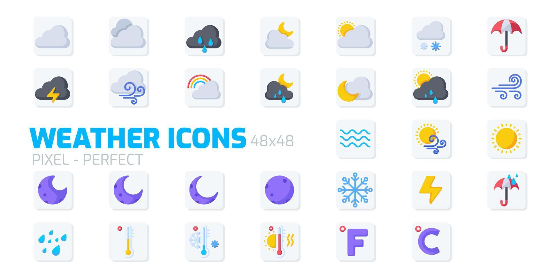 set di icone meteo per app web e mobili, icone piatte illustrazioni vettoriali