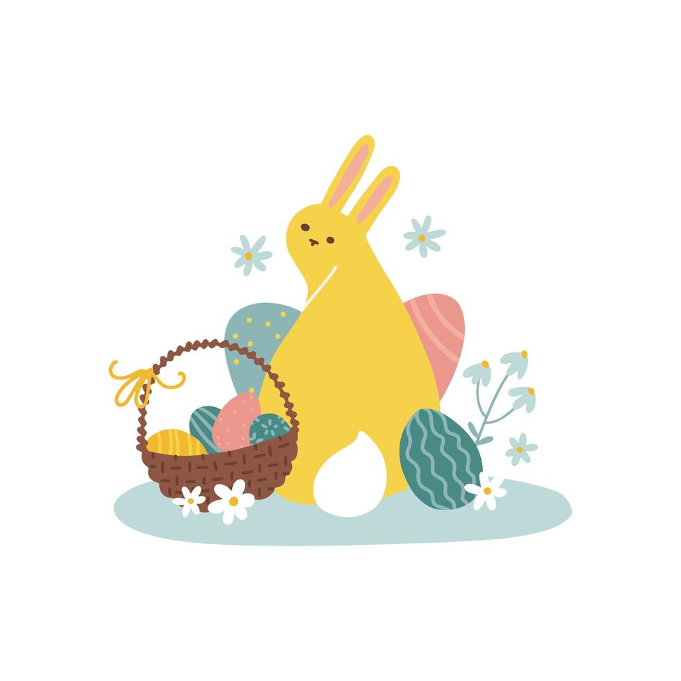 banny di pasqua seduto accanto al cestino con le uova. clip art per la carta di primavera. illustrazione del fumetto vettoriale piatta isolata su uno sfondo bianco.