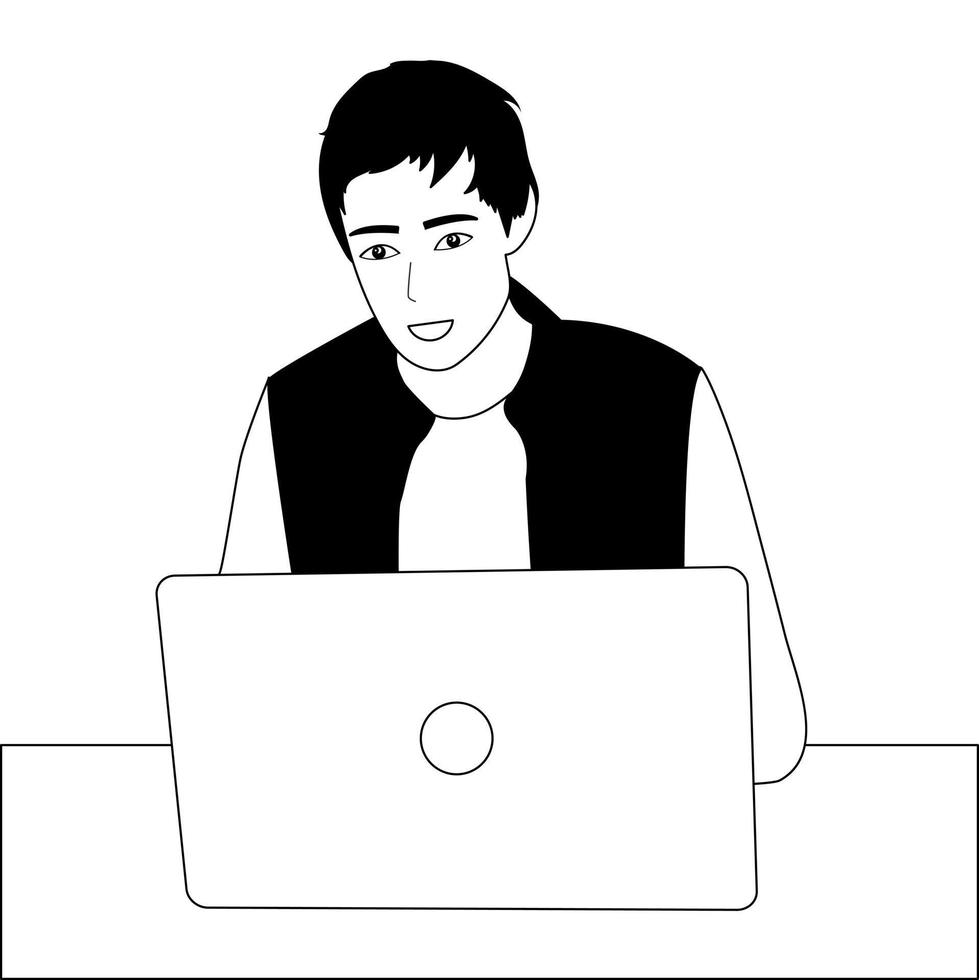 illustrazione vettoriale in bianco e nero linea di disegno a mano. il ragazzo lavora al laptop