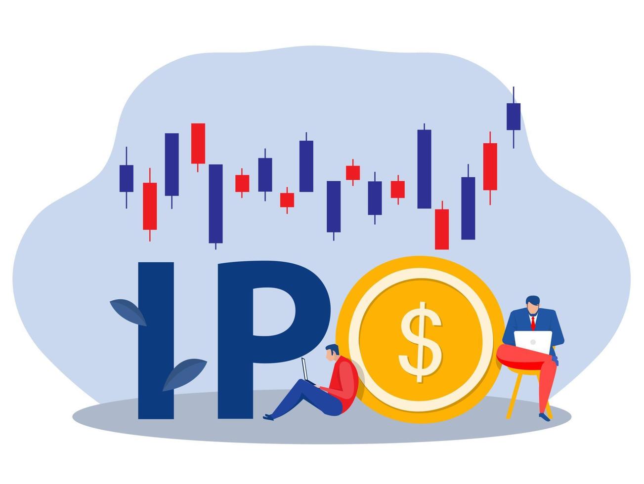 ipo, offerta pubblica iniziale. persone che investono il concetto di strategia, illustrazione vettoriale piatta.