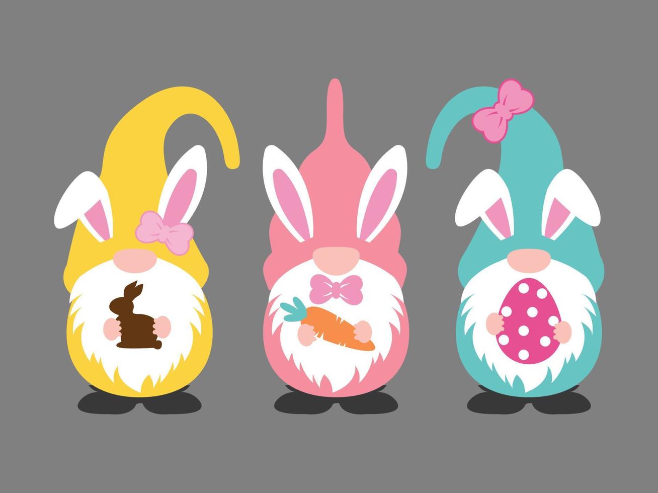 tre gnomi pasquali felici e carini con orecchie di coniglio che tengono una carota, un uovo di Pasqua, clipart di Pasqua per bambini, illustrazione vettoriale di coniglietto di file di taglio di Pasqua.