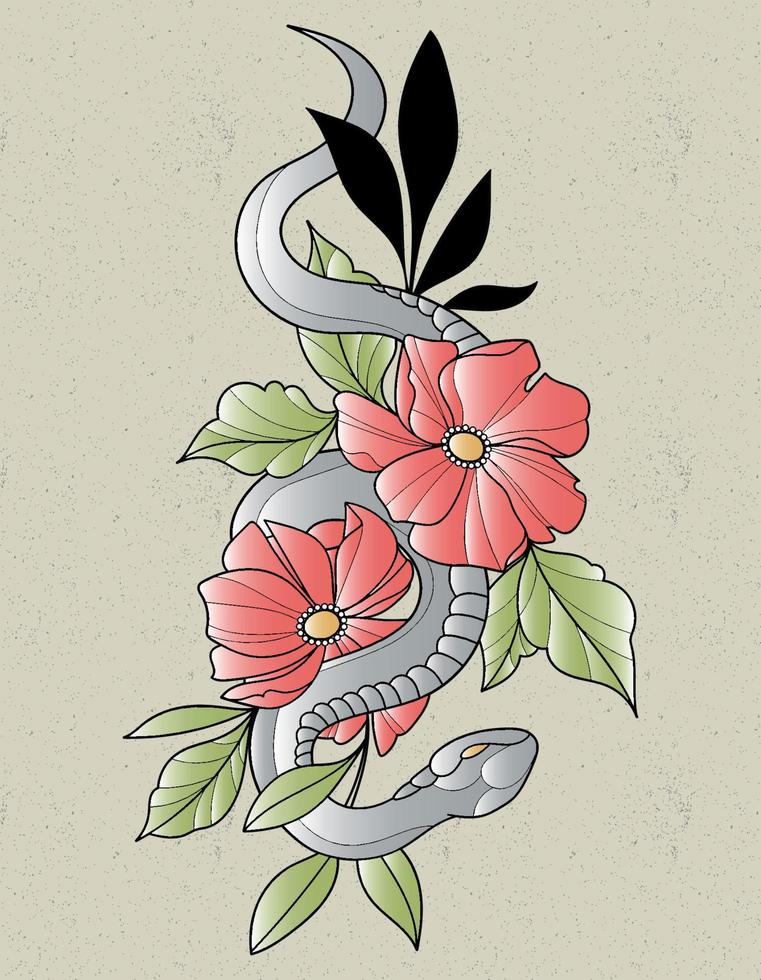 tatuaggio peonia serpente vettore