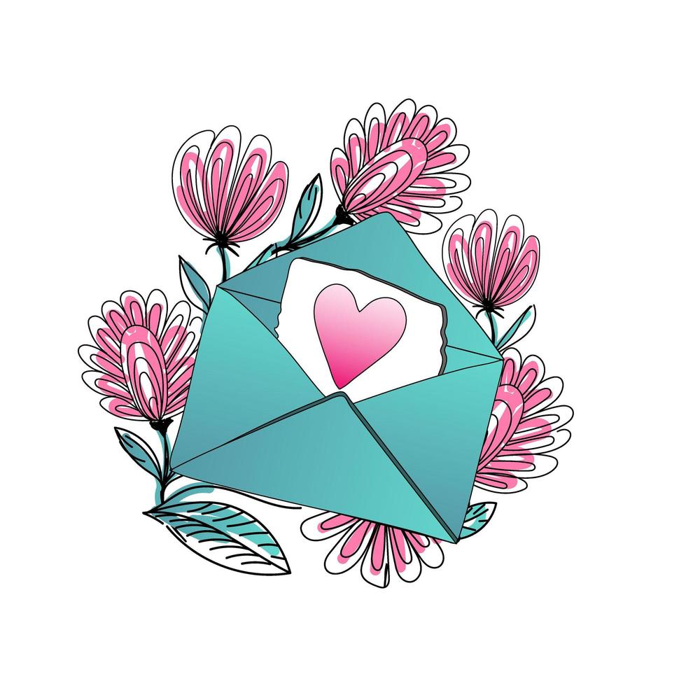 una lettera aperta con un cuore, elementi disegnati in stile doodle. busta circondata da fiori. carino biglietto di San Valentino. vettore
