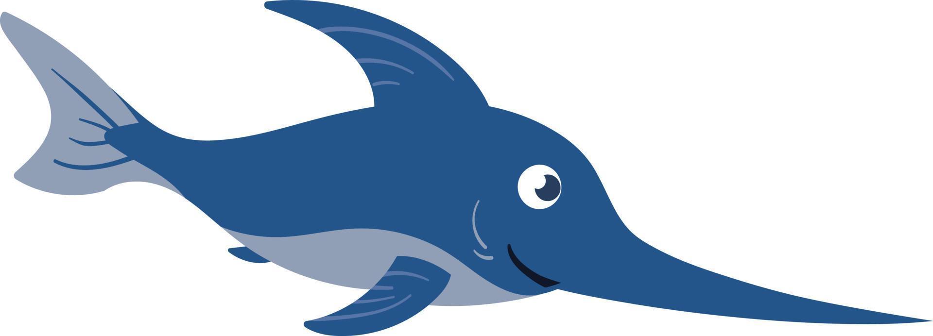 carino illustrazione di pesce spada. pesce spada, un pesce con la spada al posto del naso. simpatico personaggio di pesce in colore blu. vettore