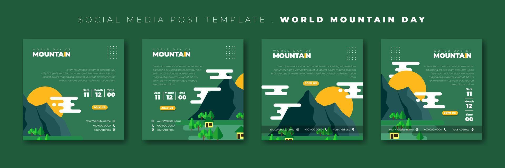 set di modelli di post sui social media con un design per l'ambiente verde di montagna. design del modello di giornata internazionale della montagna. vettore