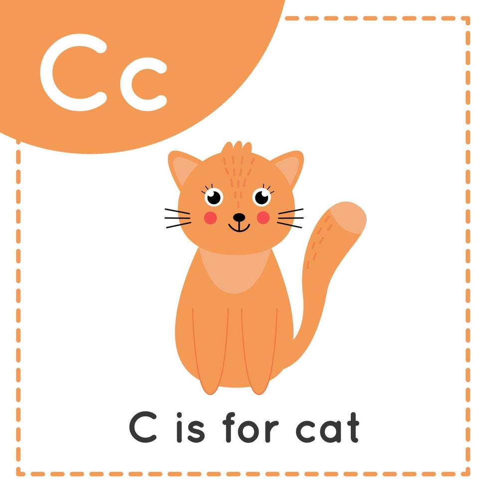 imparare l'alfabeto inglese per bambini. lettera c. simpatico gatto cartone animato. vettore