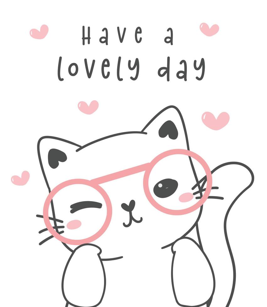 biglietto di buon compleanno, simpatico gatto gattino felice che strizza l'occhio, vettore di disegno di cartoni animati per animali domestici, carta di carta