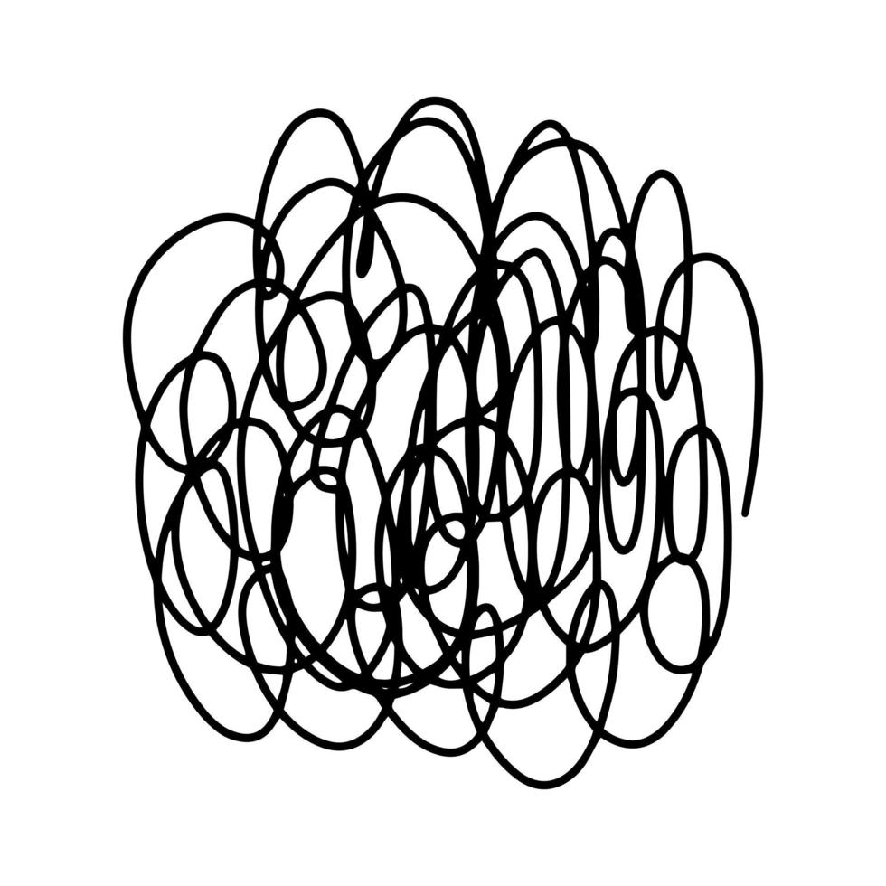 doodle caos disegnato a mano. forma di scarabocchio astratto linea disegnata a mano nera. vettore doodle set ellissi, grovigli, linee, cerchi. cerchio di scarabocchi rotondo grunge. nodo a gomito del filo isolato