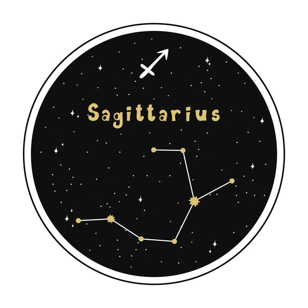 Sagittario. segno zodiacale e costellazione in un cerchio. set di segni zodiacali in stile doodle, disegnati a mano. vettore