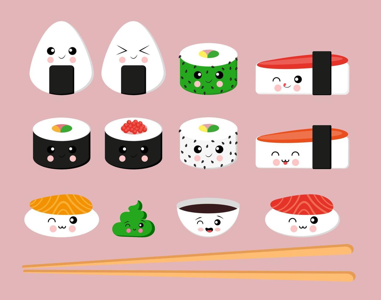 set di sushi giapponese sashimi temaki e rotoli nigiri carino con salsa di soia kawaii, icone emoji alla moda con diverse emozioni illustrazione vettoriale