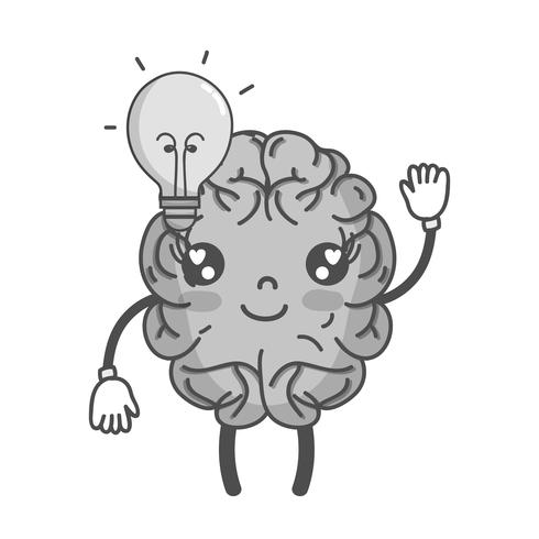 cervello in scala di grigi kawaii felice con idea lampadina vettore