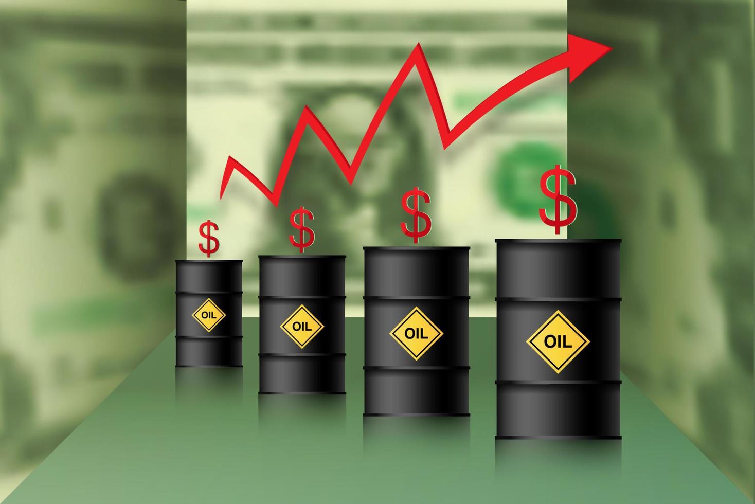 il prezzo del petrolio è in aumento. barili di petrolio, dollaro e infografica con una freccia rossa in alto. concetto in aumento dei prezzi del petrolio greggio, illustrazione vettoriale isolata su sfondo 3d di dollari verdi