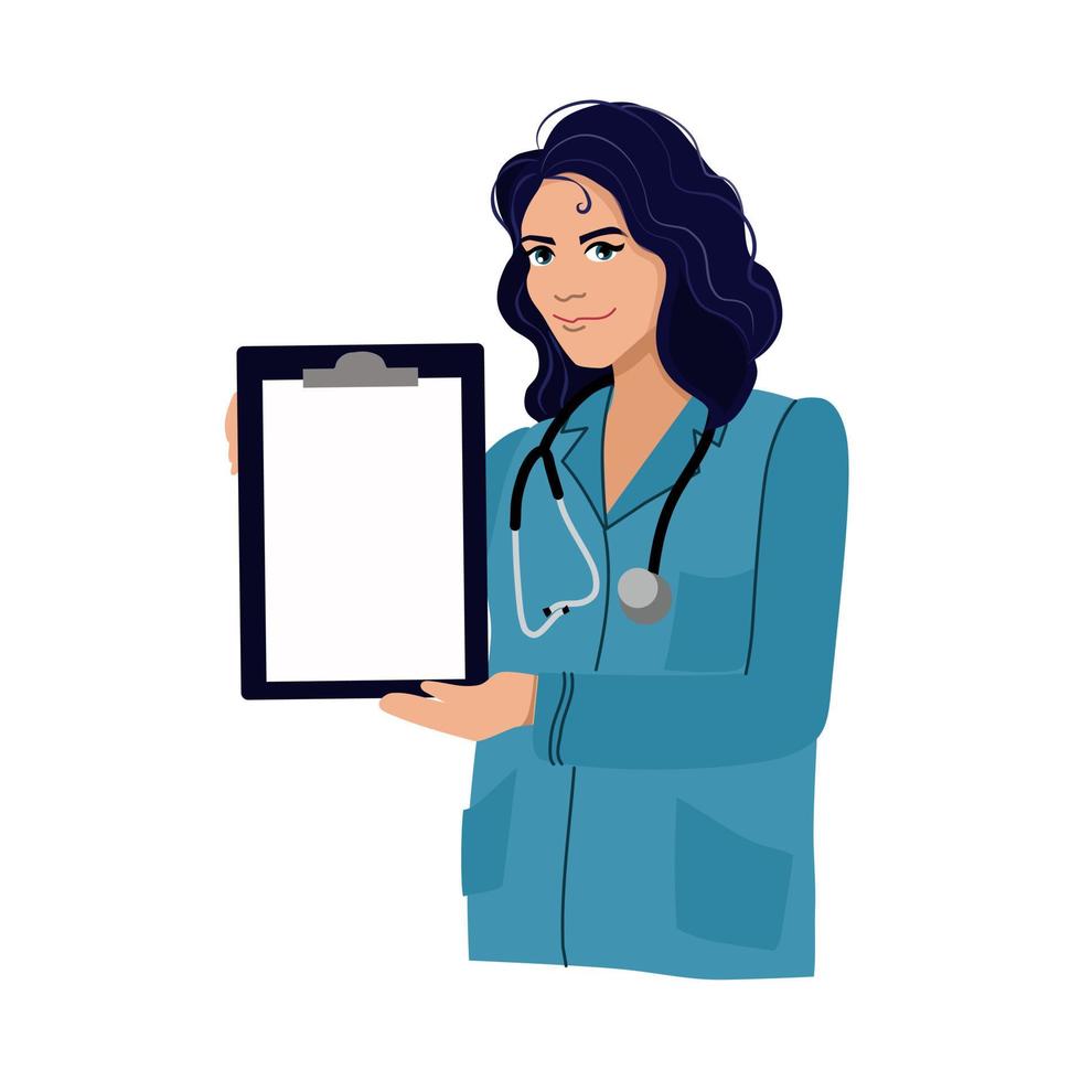 medico femminile con una cartella e uno stetoscopio su sfondo bianco. assistenza sanitaria. illustrazione vettoriale. vettore