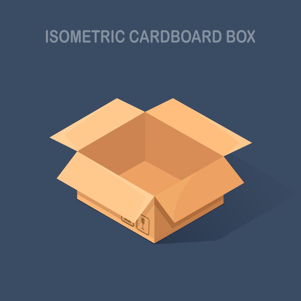 Cartone aperto isometrico 3d, scatola di cartone isolata su sfondo. pacchetto di trasporto in negozio, concetto di distribuzione. disegno del fumetto vettoriale