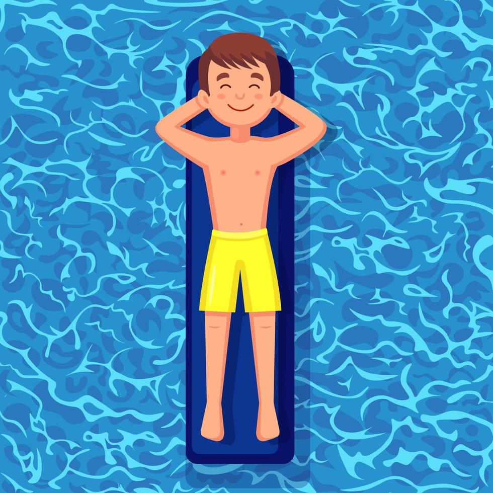 sorriso uomo nuota, abbronzandosi sul materasso ad aria in piscina. personaggio che galleggia sul giocattolo isolato su sfondo d'acqua. cerchio gonfiabile. vacanze estive, vacanze, tempo di viaggio. illustrazione piatta vettoriale