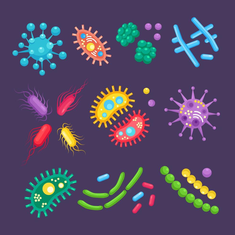 insieme di batteri, microbi, virus, germi. oggetto patogeno isolato su sfondo. microrganismi batterici, cellule probiotiche. disegno del fumetto vettoriale. vettore