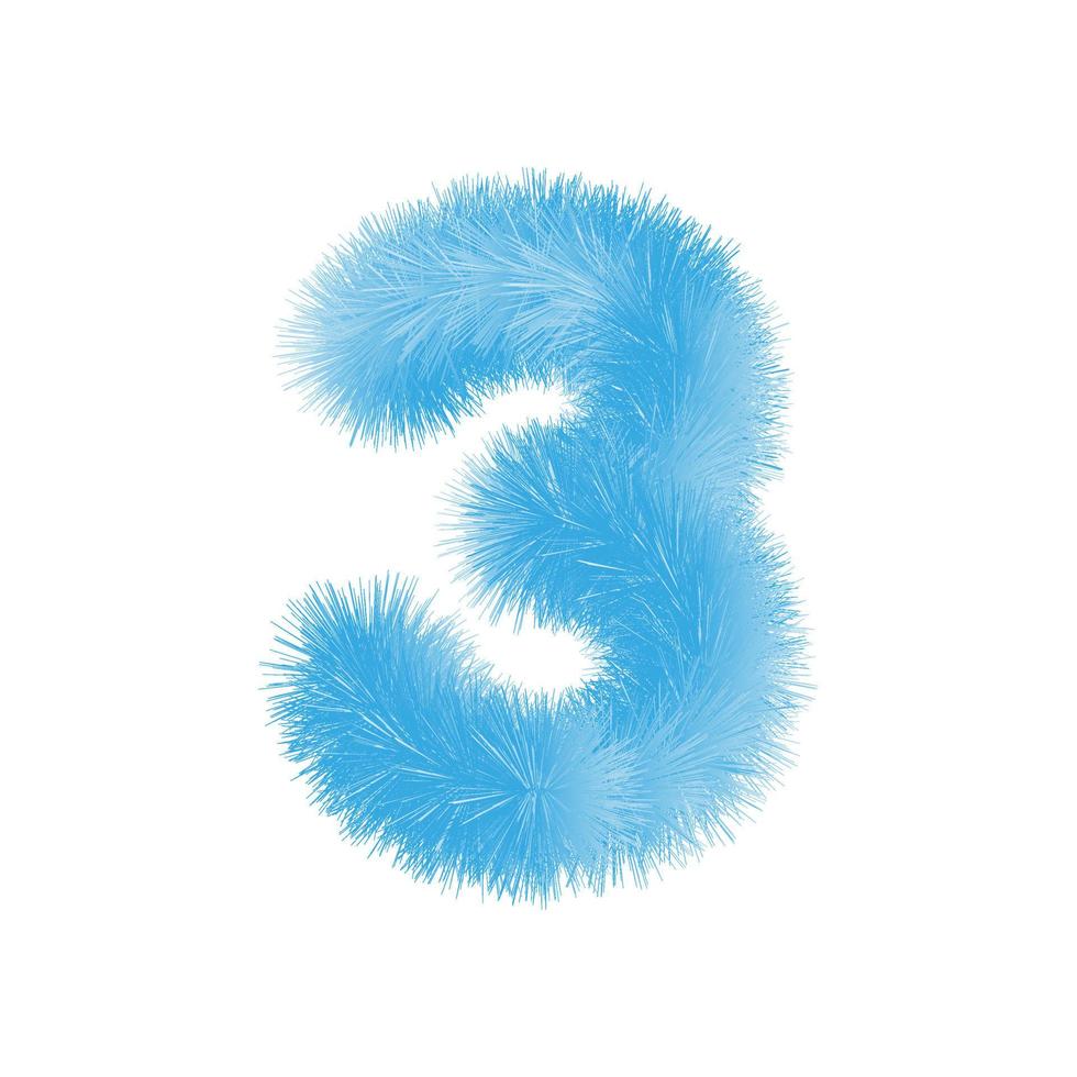 vettore di carattere peloso numero 3. cifra facilmente modificabile. piume morbide e realistiche. numero 3 con capelli morbidi blu isolati su sfondo bianco.