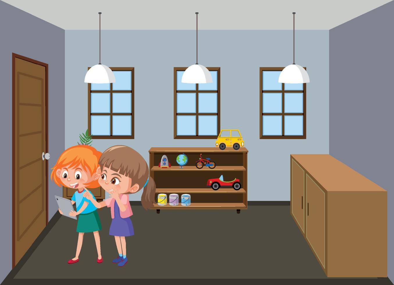 scena del soggiorno con i membri della famiglia in stile cartone animato vettore