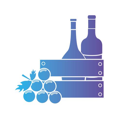linea di bottiglie di vino all&#39;interno della scatola di legno e frutta dell&#39;uva vettore