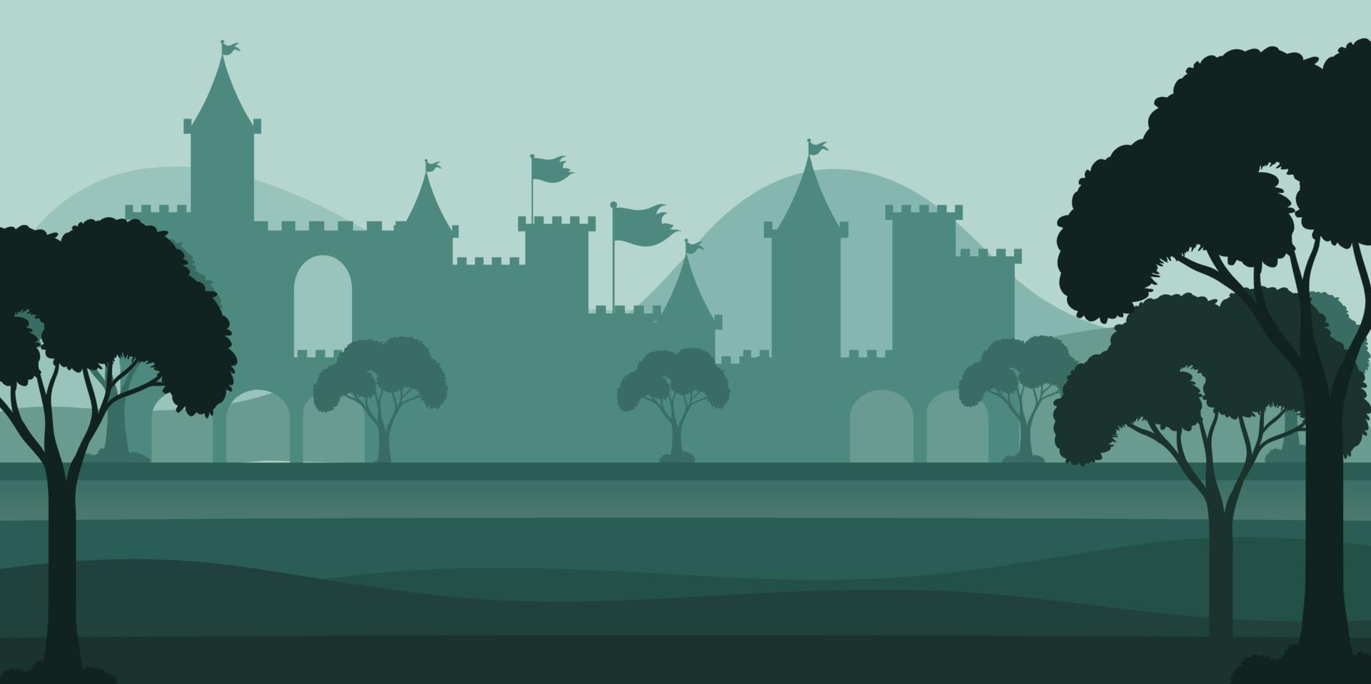 silhouette di scena di paesaggio con città medievale vettore