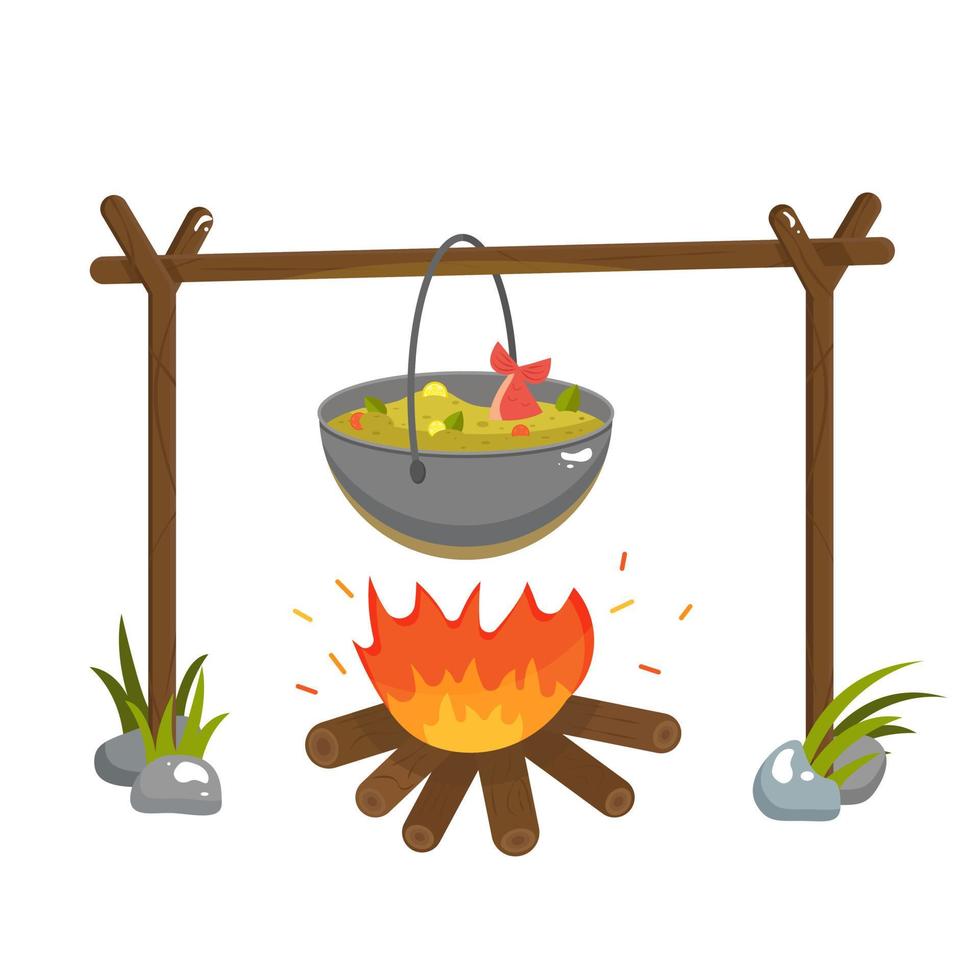 un elemento separato. cibo all'aperto. una pentola sul fuoco. zuppa. illustrazione vettoriale. vettore
