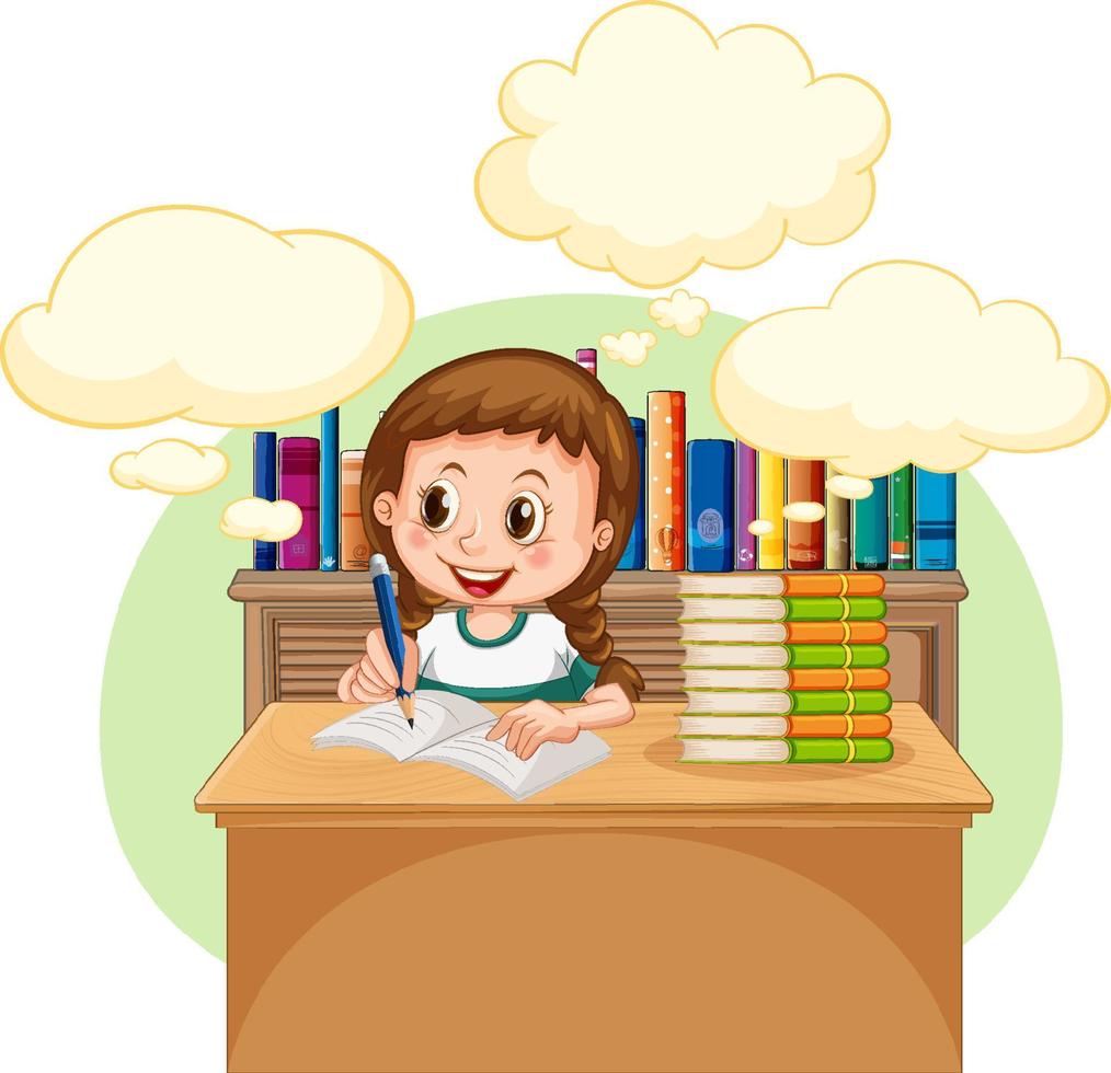 un bambino che fa i compiti con il fumetto in biblioteca vettore