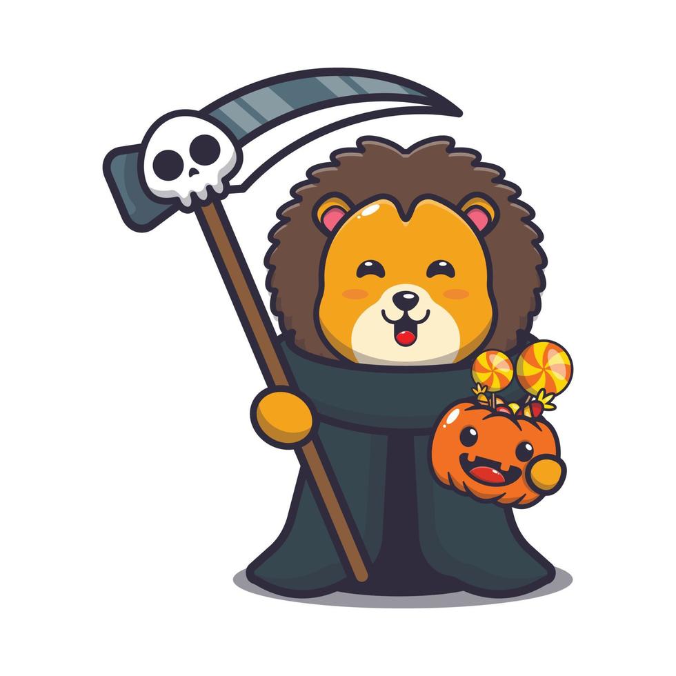 simpatico leone che indossa un costume da grim reaper con in mano la falce e la zucca di halloween vettore